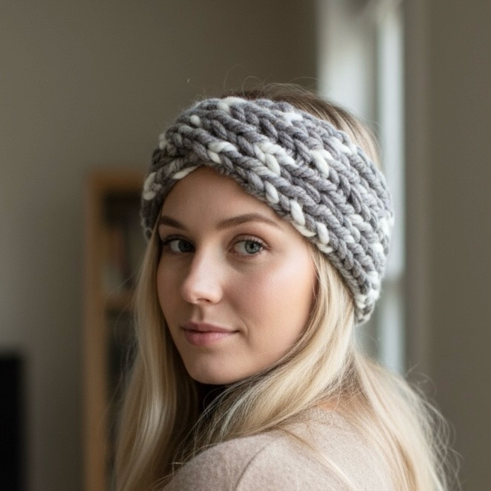 Hat Headband Earwarmer Turban Top Knot Hand Crafted Chunky Grey White